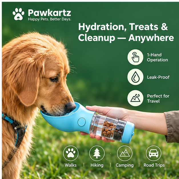 Pawkartz 3-in-1 Portable Dog Water & Food Bottle