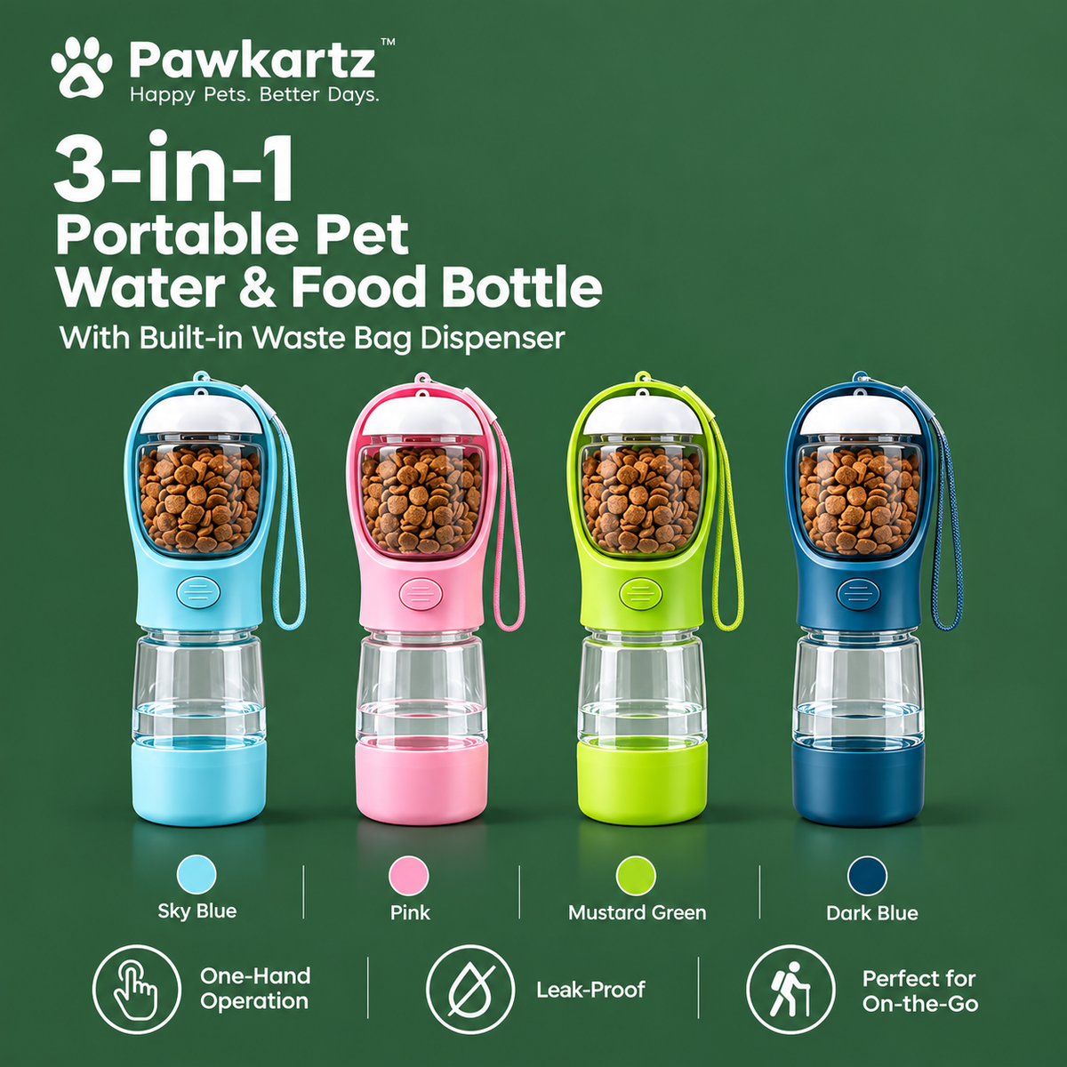Pawkartz 3-in-1 Portable Dog Water & Food Bottle