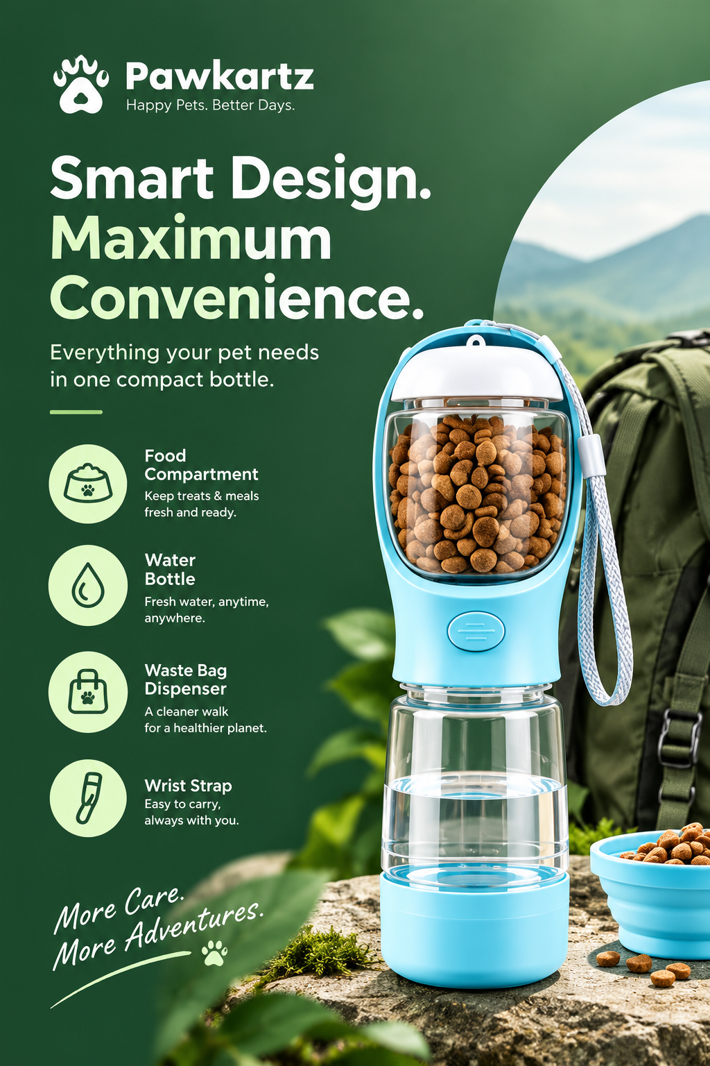 Pawkartz 3-in-1 Portable Dog Water & Food Bottle